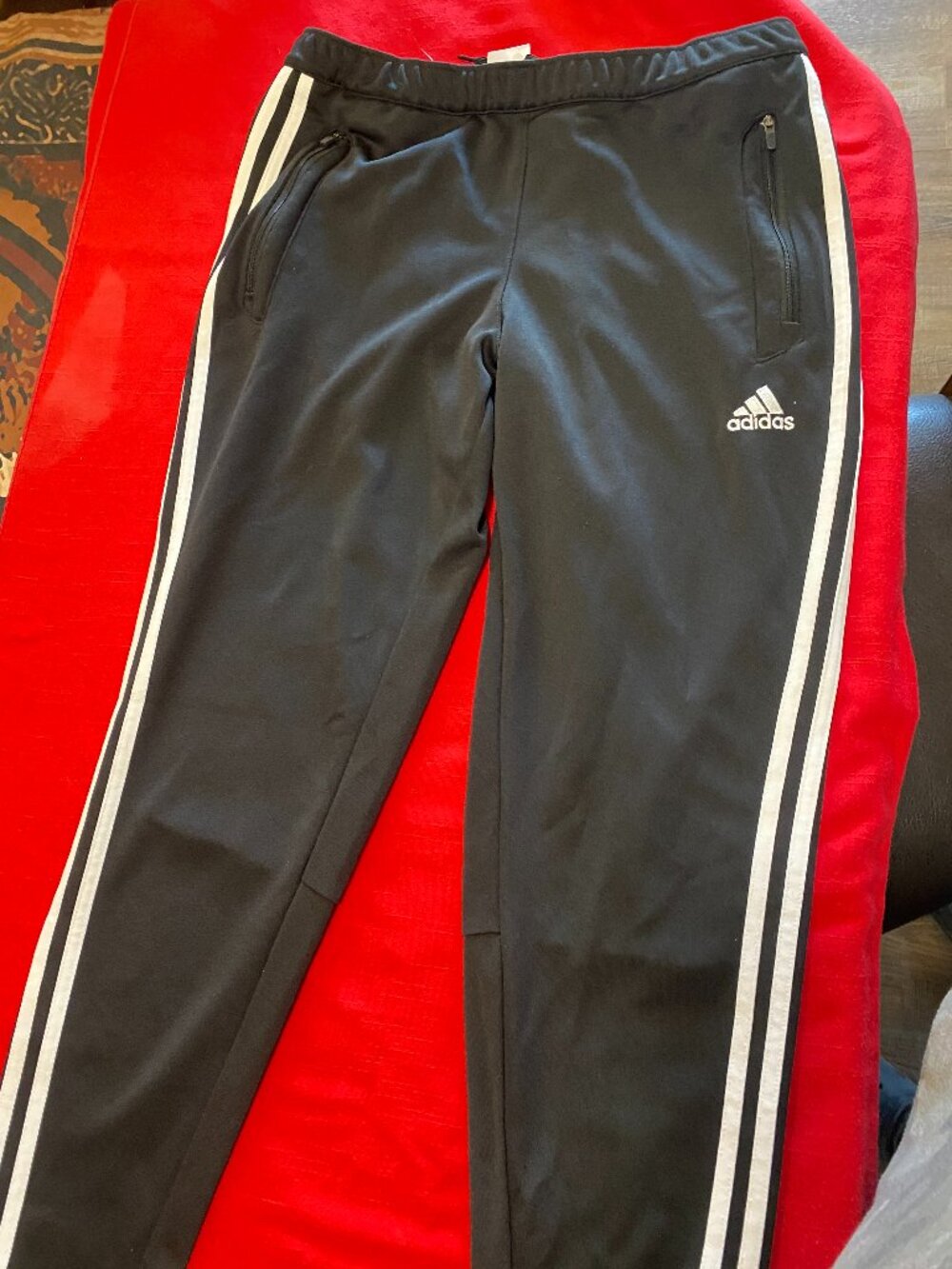 adidas KIds Black Athletic Track Pants 3 Stripe Zip Pockets Size M